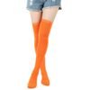Bright orange striped thigh high socks for women by LuckeLadybug LLC, perfect for adding style to any outfit