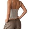 Back view of a stylish women's corset bustier top in beige with adjustable straps