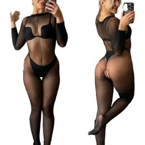 LuckeLadybug sexy mesh lingerie bodysuit with long sleeves and zip front for a sultry look