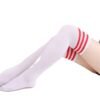 Striped thigh high socks for women in white with red stripes, perfect for stylish outfits