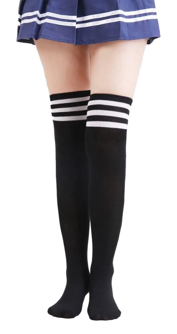 Striped Thigh High Socks For Women 66 Striped Thigh High Socks For Women Black striped thigh high socks for women with white stripes, perfect for adding a trendy touch to outfits