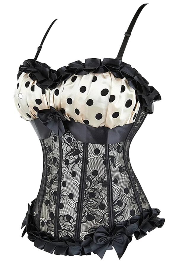 Elegant black and white polka dot corset bustier with lace accents and satin bows