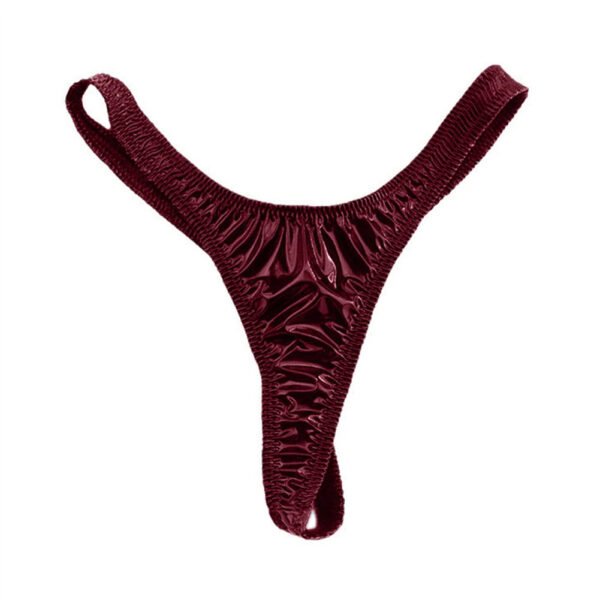 Burgundy shiny patent leather thong with ruching for a stylish look
