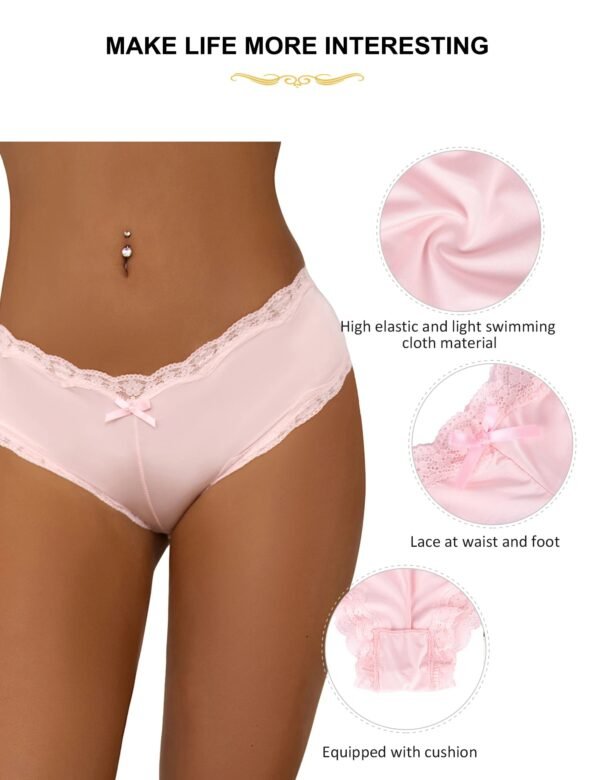 Pink sexy lace panties for women with high elastic fabric and lace detailing at waist and foot