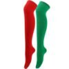 Striped thigh high socks for women in red and green, perfect for festive outfits and holiday celebrations