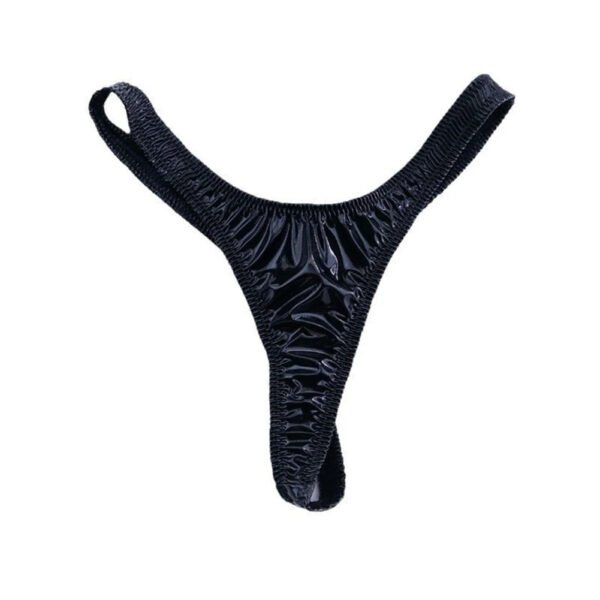 Black shiny patent leather thong with ruched design for a stylish and comfortable fit