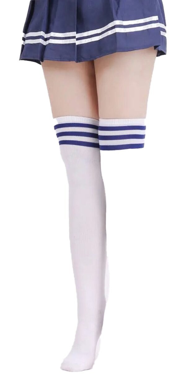Striped Thigh High Socks For Women 77 Striped Thigh High Socks For Women Striped thigh high socks for women in white with blue stripes, perfect for stylish outfits