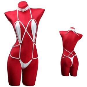 Sexy Leather Crotchless Bodysuit With Collar