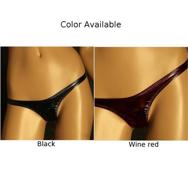 Shiny patent leather thong available in black and wine red colors for a stylish look