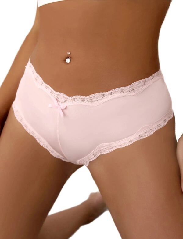 LuckeLadybug sexy lace panties for women in soft pink with delicate lace trim and bow detail