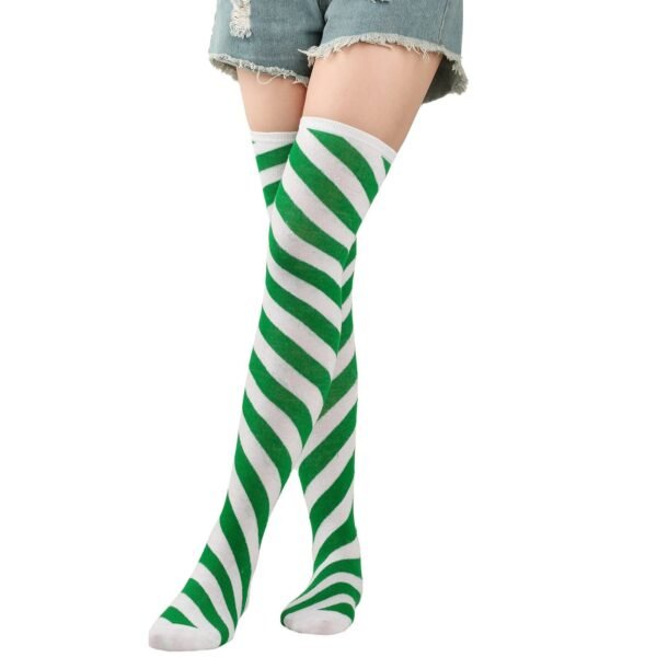Striped Thigh High Socks For Women 64 Striped Thigh High Socks For Women LuckeLadybug LLC Striped thigh high socks for women in green and white for a stylish look