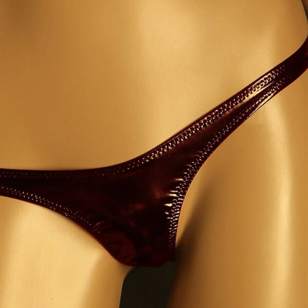 Shiny patent leather thong in deep burgundy color for a stylish and comfortable fit