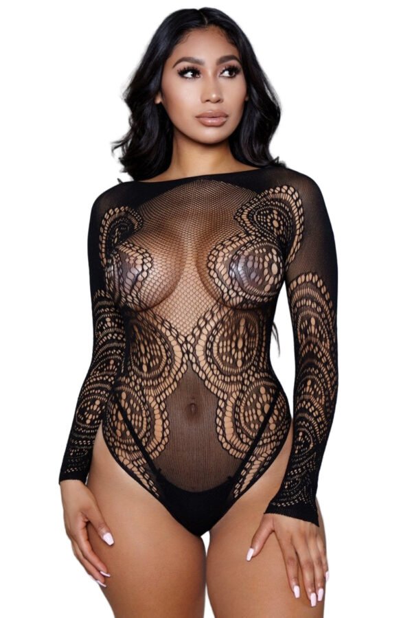 Sexy Black Lace Bodysuit Long Sleeve 5 Sexy Black Lace Bodysuit Long Sleeve LuckeLadybug LLC model wearing sexy black lace bodysuit long sleeve sheer fishnet pattern bodystocking