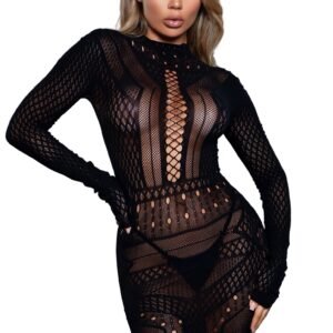 LuckeLadybug LLC sheer fishnet bodystocking with lattice front long sleeves and bodycon fit sexy black mini dress