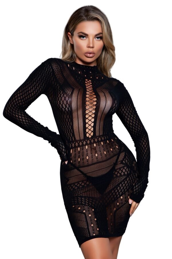 Sexy Black Mini Dress Fishnet Bodystocking 5 Sexy Black Mini Dress Fishnet Bodystocking LuckeLadybug LLC sheer fishnet bodystocking with lattice front long sleeves and bodycon fit sexy black mini dress