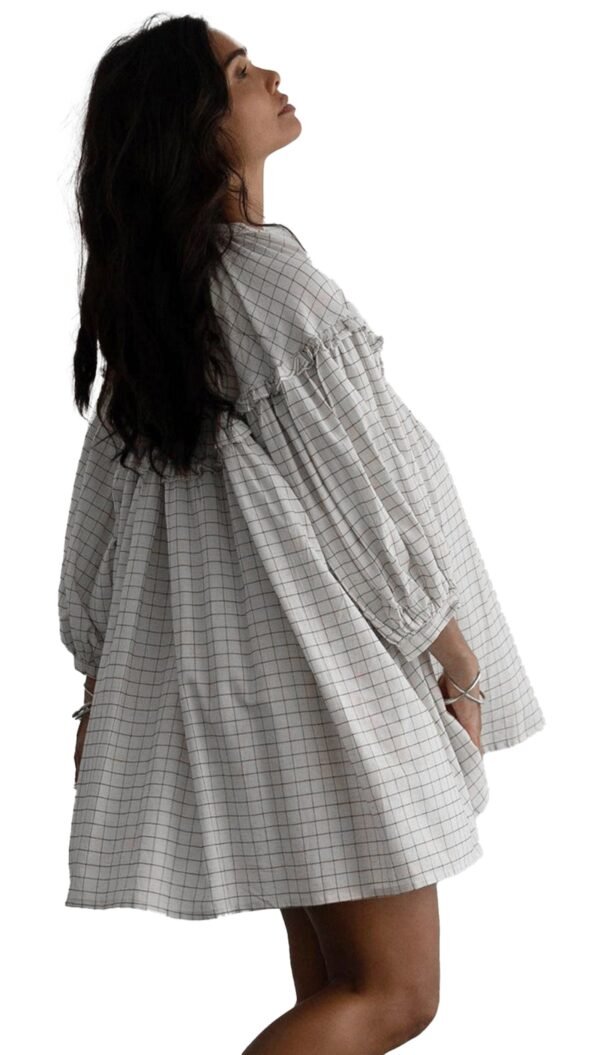 White Checkered Babydoll Dress V-Neck 8 White Checkered Babydoll Dress V-Neck Dear Lover Dropshipping white checkered babydoll dress mini with puff sleeves and loose A line silhouette