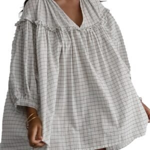 Home 1 Home Dear Lover Dropshipping white checkered babydoll dress with V neck ruffle yoke and puff three quarter sleeves