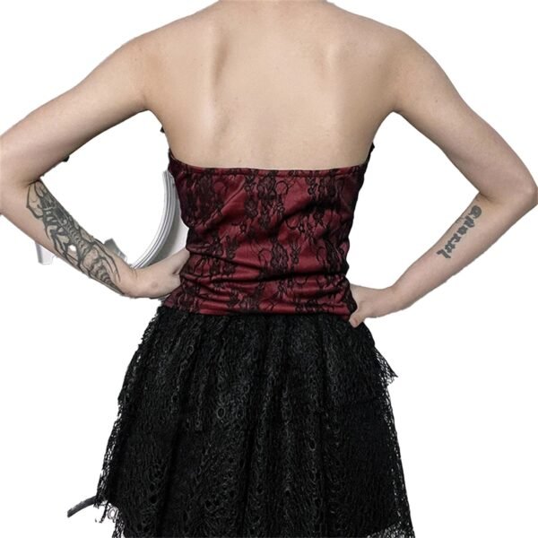 Gothic Lace Corset Crop Top Trendy Style 33 Gothic Lace Corset Crop Top Trendy Style Back view of a gothic lace corset crop top in burgundy with a fitted design and intricate lace details