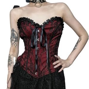 Gothic lace corset crop top in red with black lace accents and ribbon detailing for a stylish look