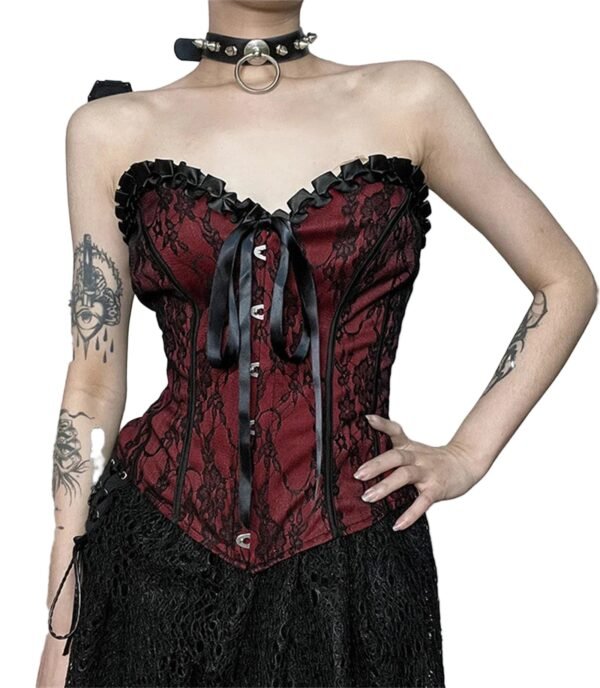 Gothic Lace Corset Crop Top Trendy Style 29 Gothic Lace Corset Crop Top Trendy Style Gothic lace corset crop top in red with black lace accents and ribbon detailing for a stylish look