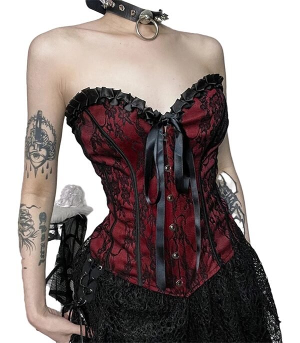 Gothic Lace Corset Crop Top Trendy Style 30 Gothic Lace Corset Crop Top Trendy Style Gothic lace corset crop top in red and black with lace detailing and ribbon accents for a stylish look