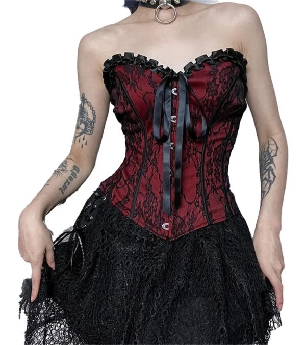 Gothic Lace Corset Crop Top Trendy Style 31 Gothic Lace Corset Crop Top Trendy Style Gothic lace corset crop top in red and black with ribbon details and sweetheart neckline
