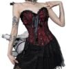 Gothic lace corset crop top in burgundy and black with lace detailing and front ribbon tie