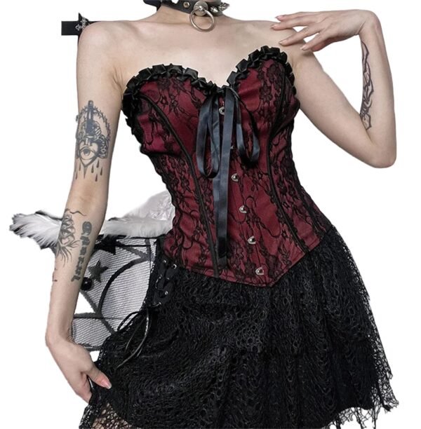 Gothic Lace Corset Crop Top Trendy Style 32 Gothic Lace Corset Crop Top Trendy Style Gothic lace corset crop top in burgundy and black with lace detailing and front ribbon tie