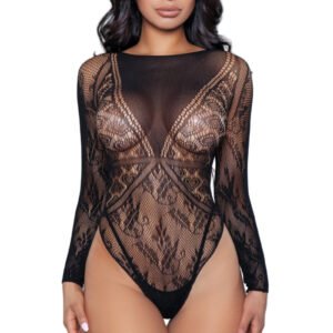 LuckeLadybug LLC black long sleeve sheer floral bodystocking high cut leg sexy lace bodysuit for women