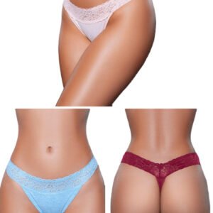 LuckeLadybug lace trim bikini panties pack three piece set in pink blue and burgundy shown front and back