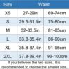 Size chart for plus size black corset top for women showing waist measurements for each size