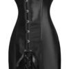 Sleek black corset dress for women with front buttons and lace-up back detail from LuckeLadybug LLC