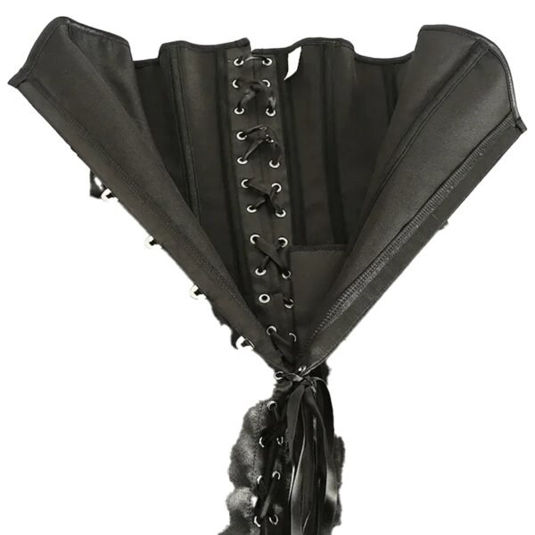 Detailed view of a black corset dress for women featuring lace-up design and adjustable straps
