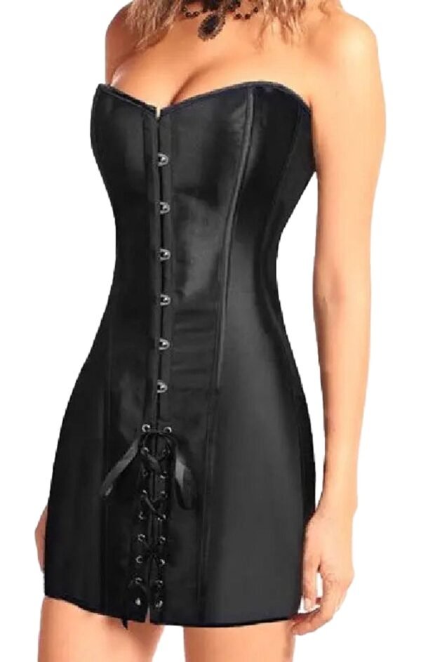 Elegant black corset dress for women with a strapless design and lace-up back detail