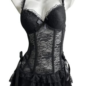 Luxurious black corset lingerie dress with lace detailing and ruffled skirt for seductive elegance