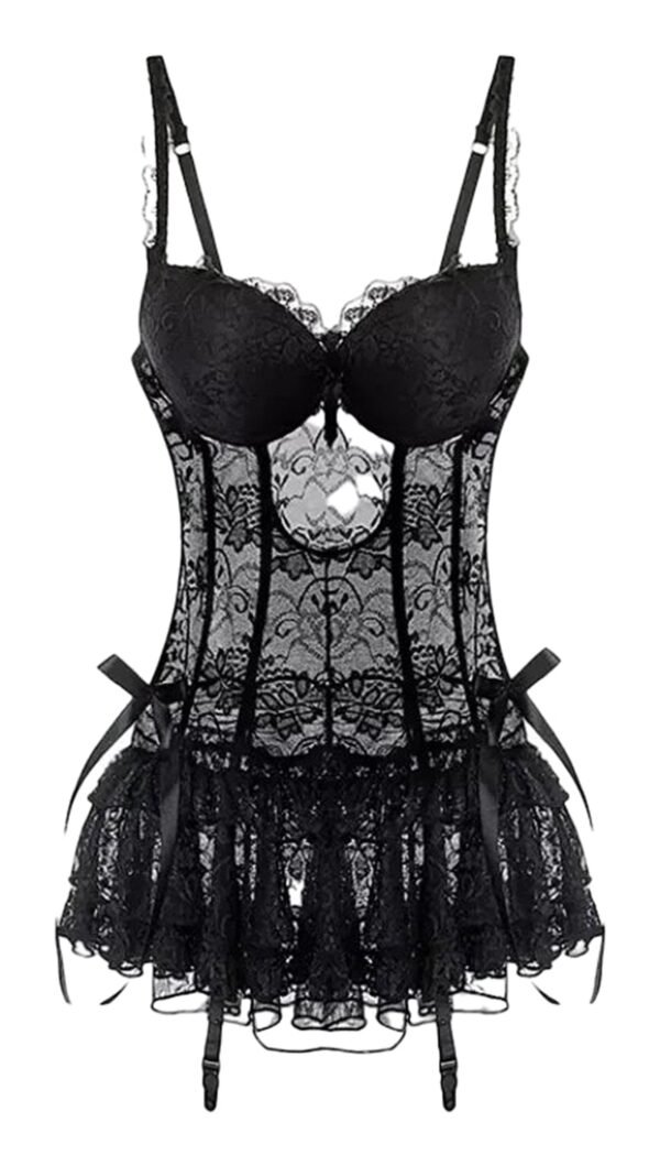Sexy black corset lingerie dress with lace detailing and ruffled hem for elegant allure