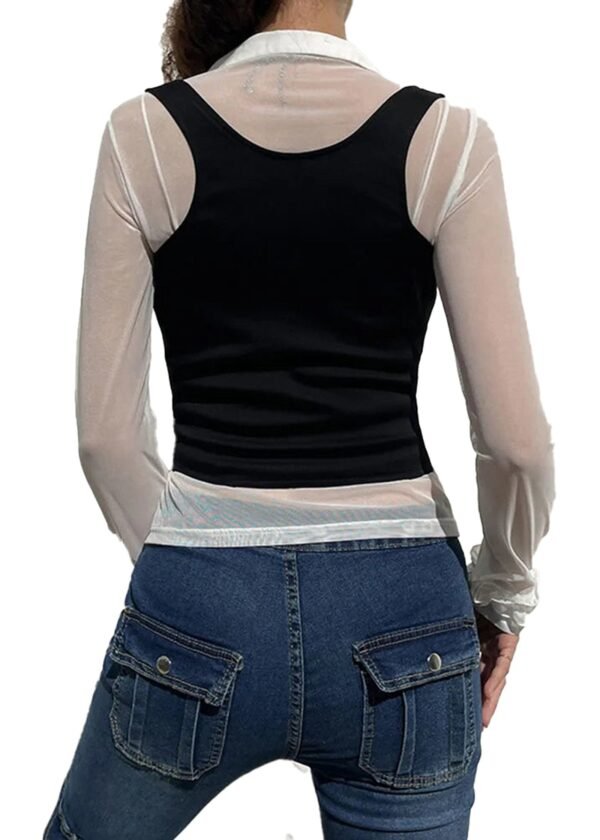 Black Corset Vest For Women Trendy Style 5 Black Corset Vest For Women Trendy Style Black corset vest for women featuring a fitted design and stylish layering with a sheer shirt