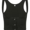 Black corset vest for women with a stylish design and button closure by LuckeLadybug LLC