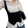 Stylish black corset vest for women over a white ruffled shirt for a trendy look