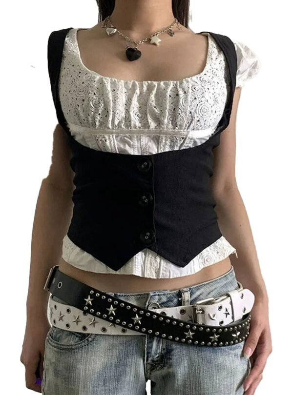 Black Corset Vest For Women Trendy Style 1 Black Corset Vest For Women Trendy Style Black corset vest for women layered over a white lace top with trendy belt accessories
