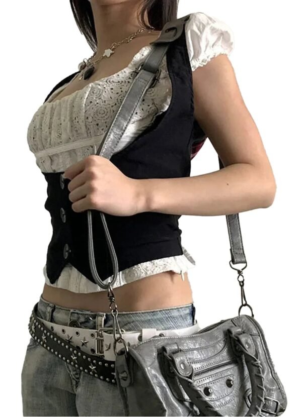 Black Corset Vest For Women Trendy Style 4 Black Corset Vest For Women Trendy Style Stylish black corset vest for women paired with a blouse and accessorized with a handbag
