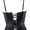 Back view of a black faux leather corset top with lace-up detailing and adjustable straps