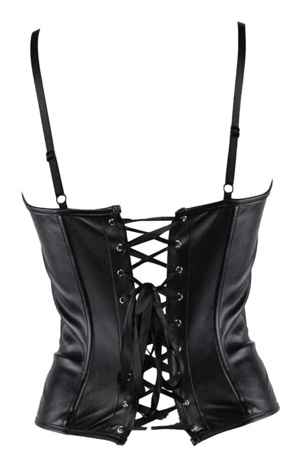 Black Faux Leather Corset Top For Trendy Style 44 Black Faux Leather Corset Top For Trendy Style Back view of a black faux leather corset top with lace-up detailing and adjustable straps