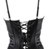 Back view of a black faux leather corset top with lace-up detailing and adjustable straps