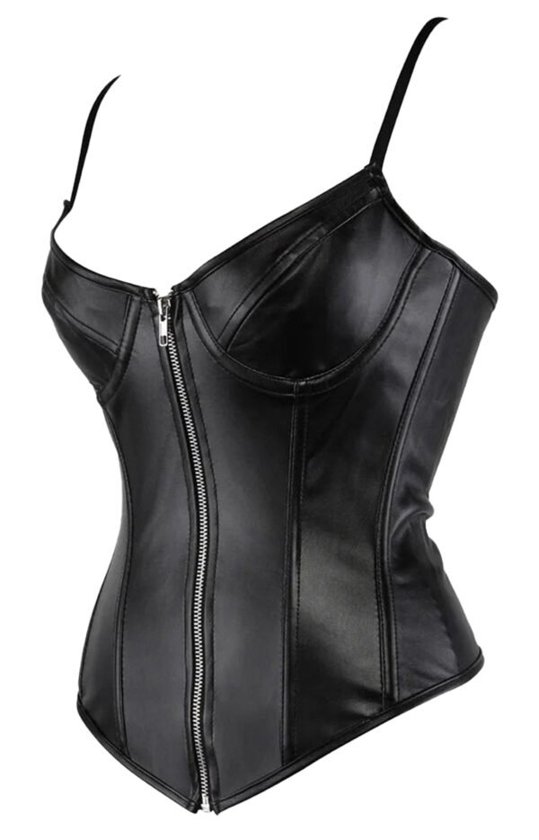 Black Faux Leather Corset Top For Trendy Style 43 Black Faux Leather Corset Top For Trendy Style Black faux leather corset top with a zip front and adjustable straps for a stylish look