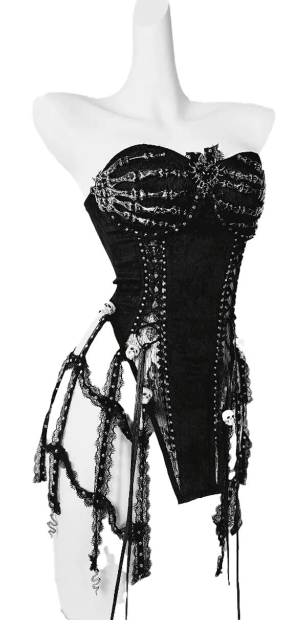 Black Goth Corset Top For Women 22 Black Goth Corset Top For Women Black goth corset top for women with skull embellishments and lace detailing for a bold look