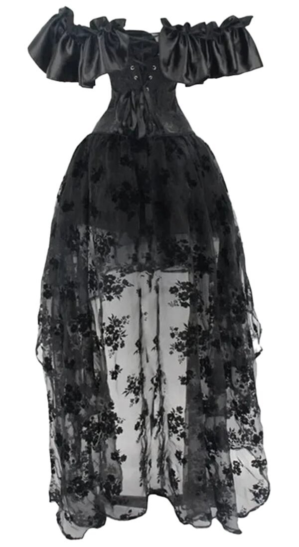 Black Gothic Corset Dress Set With Ruffles 16 Black Gothic Corset Dress Set With Ruffles Elegant black gothic corset dress set with off-shoulder ruffle sleeves and sheer floral overlay.