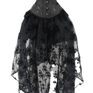 Elegant black gothic corset dress set featuring a ruffled off-shoulder design and flowing lace skirt