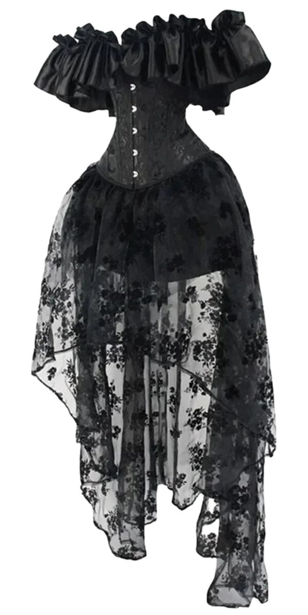 Black Gothic Corset Dress Set With Ruffles 17 Black Gothic Corset Dress Set With Ruffles Elegant black gothic corset dress set with ruffled neckline and floral lace overlay