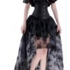 Black gothic corset dress set with ruffled off-shoulder design and floral lace for a dramatic look